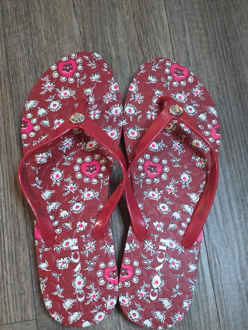 Coach Red Floral Jelly Flip Sandals